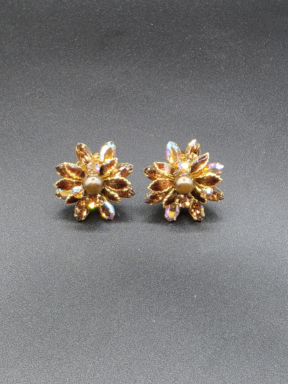 Vintage DeMario Gold Floral Crystal Clip-On Earrings - Women Jewelry